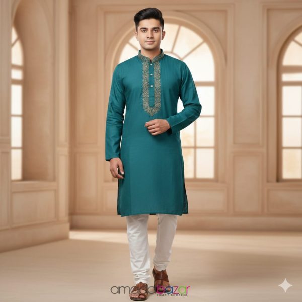 Green Men’s Embroidered Punjabi – Premium Full Sleeve Kurta